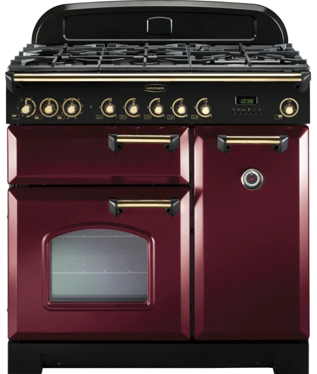 Rangemaster Classic Deluxe CDL90DFFCY/B 90cm Dual Fuel Range Cooker - Cranberry/Brass Trim