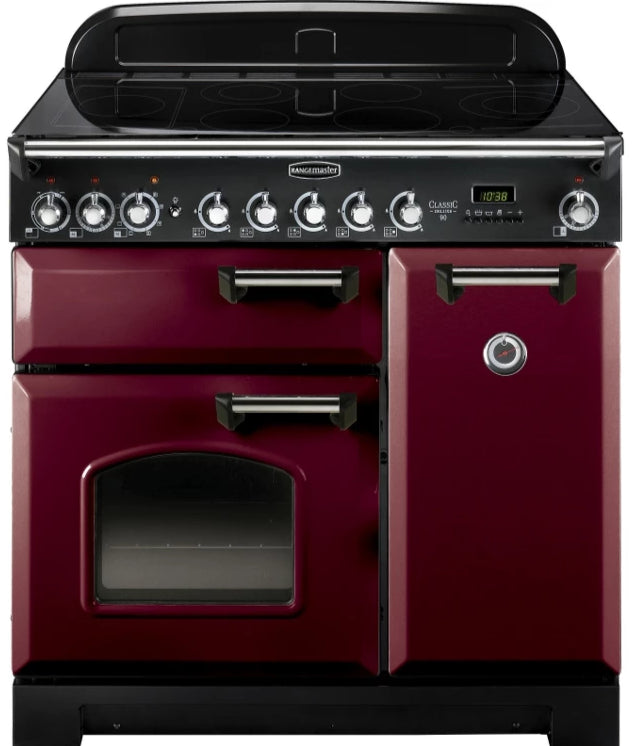 Rangemaster Classic Deluxe CDL90ECCY/C 90cm Electric Range Cooker with Ceramic Hob - Cranberry/Chrome Trim