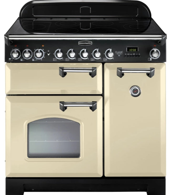 Rangemaster Classic Deluxe CDL90EICR/C 90cm Electric Range Cooker with Induction Hob - Cream/Chrome Trim