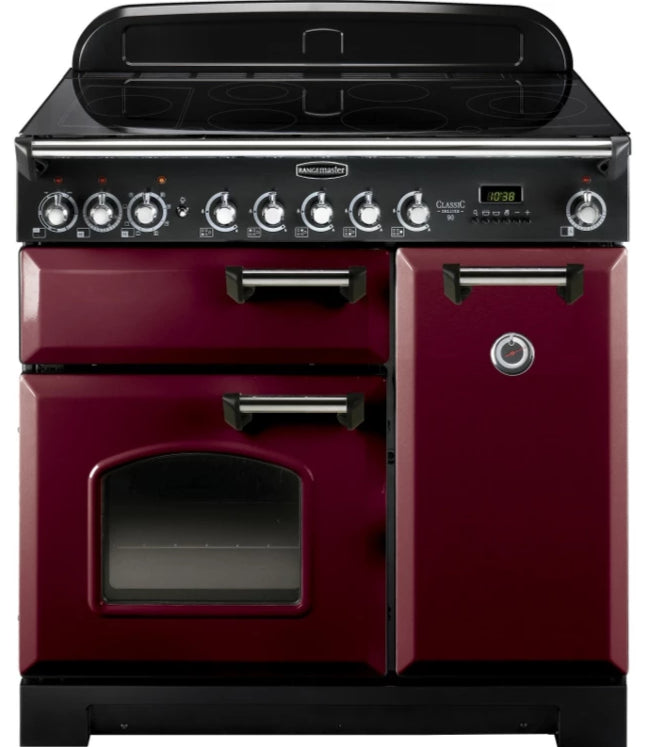 Rangemaster Classic Deluxe CDL90EICY/C 90cm Electric Range Cooker with Induction Hob - Cranberry/Chrome Trim