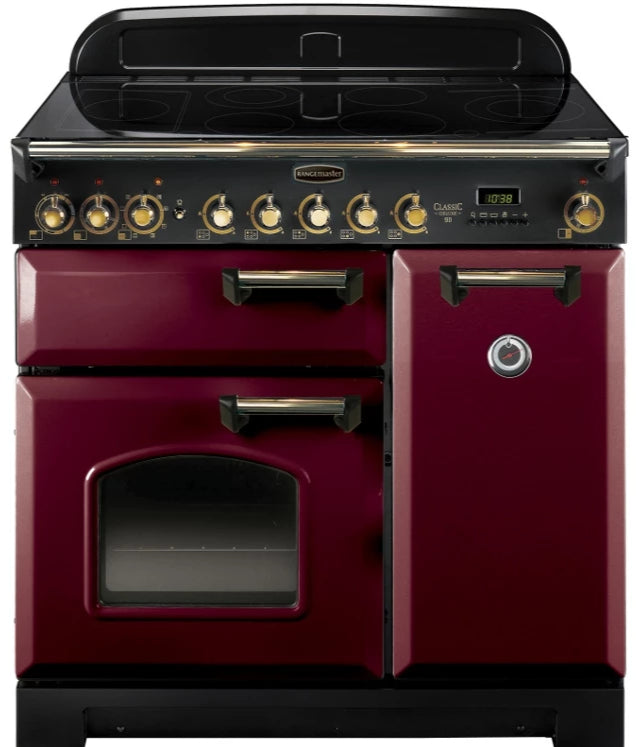 Rangemaster Classic Deluxe CDL90EICY/B 90cm Electric Range Cooker with Induction Hob - Cranberry/Brass Trim