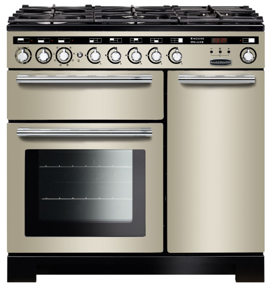 Rangemaster Encore Deluxe EDL90DFFIV/C 90cm Dual Fuel Range Cooker - Ivory/Chrome Trim