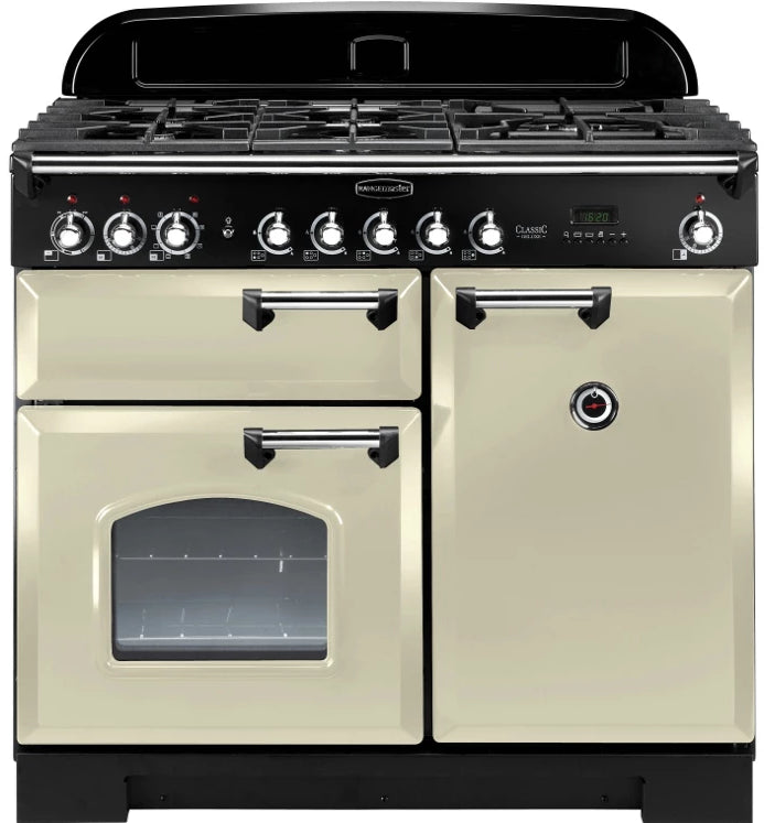 Rangemaster Classic Deluxe CDL100DFFCR/C 100cm Dual Fuel Range Cooker - Cream/Chrome Trim