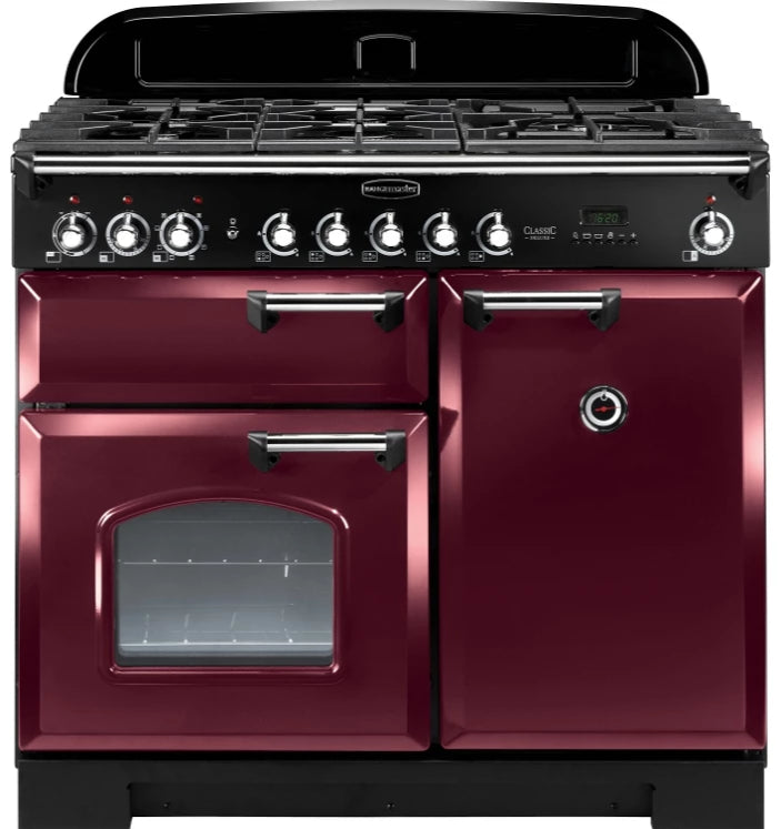 Rangemaster Classic Deluxe CDL100DFFCY/C 100cm Dual Fuel Range Cooker - Cranberry/Chrome Trim