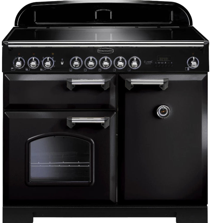 Rangemaster Classic Deluxe CDL100EIBL/C 100cm Electric Range Cooker with Induction Hob - Black/Chrome Trim