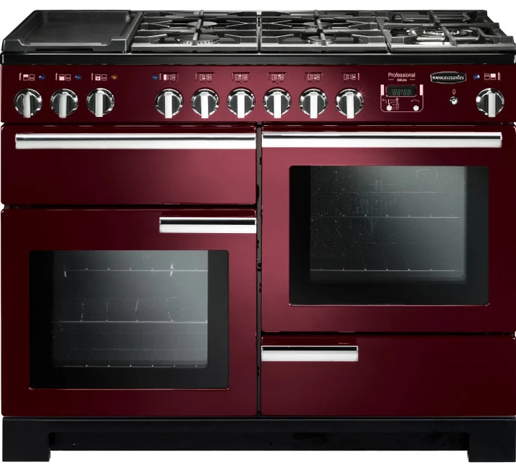 Rangemaster Professional Deluxe PDL110DFFCY/C 110cm Dual Fuel Range Cooker - Cranberry/Chrome Trim