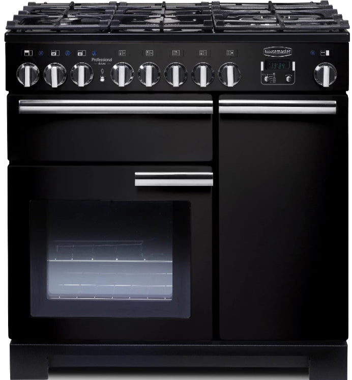 Rangemaster Professional Deluxe PDL90DFFGB/C 90cm Dual Fuel Range Cooker - Black/Chrome Trim