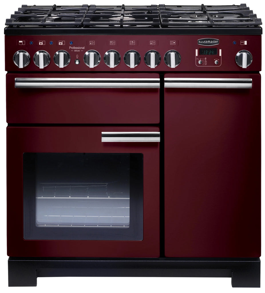 Rangemaster Professional Deluxe PDL90DFFCY/C 90cm Dual Fuel Range Cooker - Cranberry/Chrome Trim