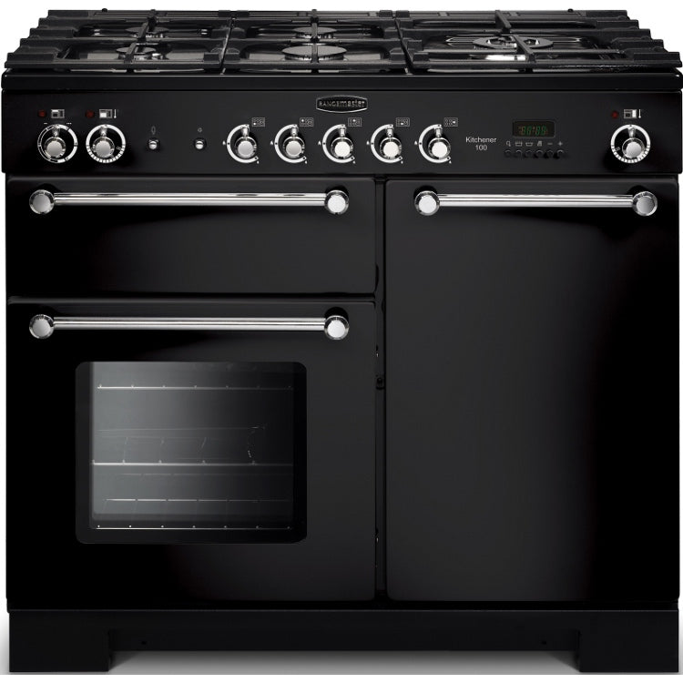 Rangemaster Kitchener KCH100DFFBL/C 100cm Dual Fuel Range Cooker - Black/Chrome Trim