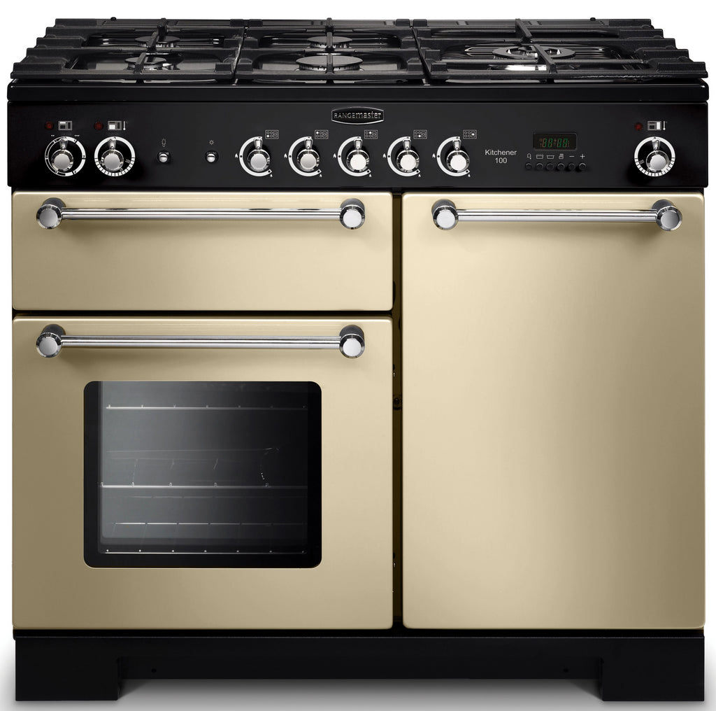 Rangemaster Kitchener KCH100DFFCR/C 100cm Dual Fuel Range Cooker - Cream/Chrome Trim