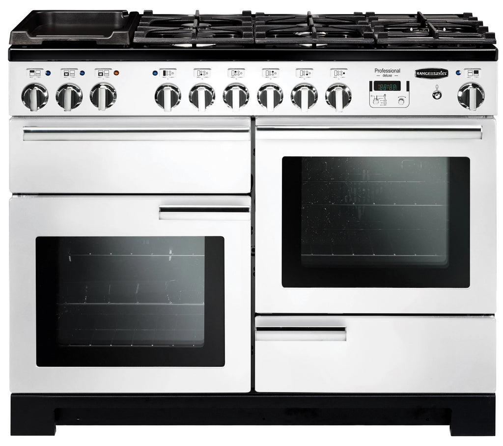 Rangemaster Professional Deluxe PDL110DFFWH/C 110cm Dual Fuel Range Cooker - White/Chrome Trim