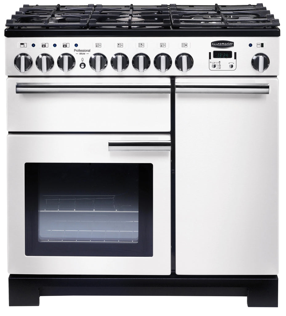 Rangemaster Professional Deluxe PDL90DFFWH/C 90cm Dual Fuel Range Cooker - White/Chrome Trim