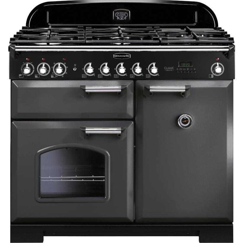 Rangemaster Classic Deluxe CDL100DFFSL/C 100cm Dual Fuel Range Cooker - Slate/Chrome Trim