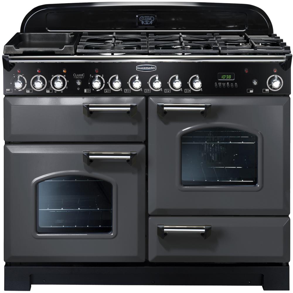 Rangemaster Classic Deluxe CDL110DFFSL/C 110cm Dual Fuel Range Cooker - Slate/Chrome Trim