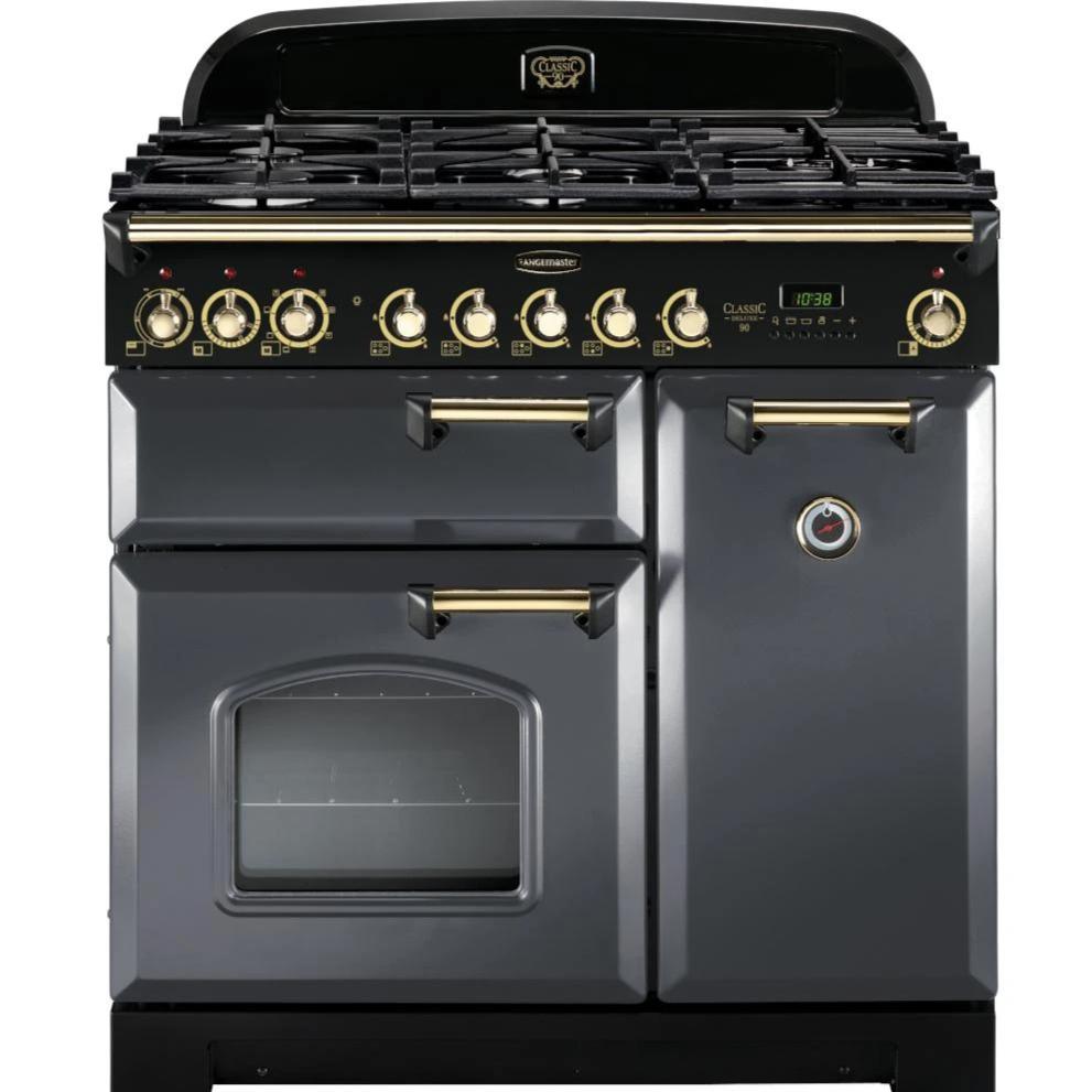 Rangemaster Classic Deluxe CDL90DFFSL/B 90cm Dual Fuel Range Cooker - Slate/Brass Trim