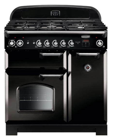 Rangemaster Classic CLA90DFFBL/C 90cm Dual Fuel Range Cooker - Black/Chrome Trim