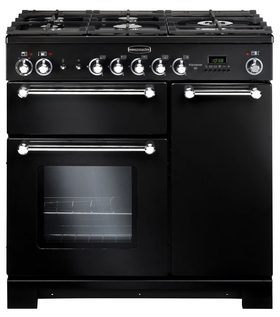 Rangemaster Kitchener KCH90DFFBL/C 90cm Dual Fuel Range Cooker - Black